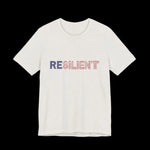 White t-shirt with 'RESILIENT' text in red, white, and blue American Flag letters on a black background