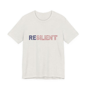 White t-shirt with 'RESILIENT' text in red, white, and blue American Flag letters on a black background