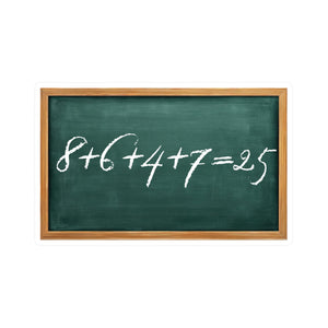 Sticker of a green chalkboard with a mathematical equation written "8+6+4+7=25" on it, framed in wood by empowHER by Heidi