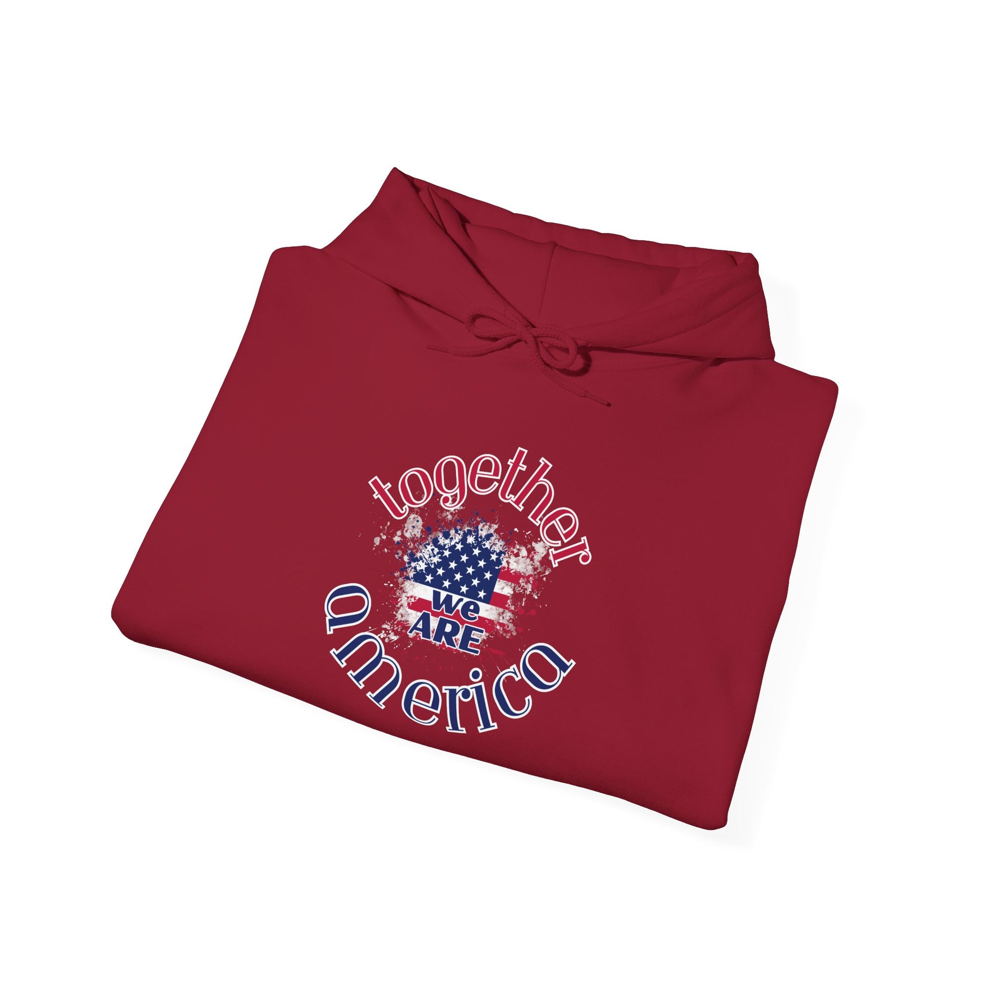 Folded red hoodie with 'Together We Are America' text and flag design by empowHER by Heidi