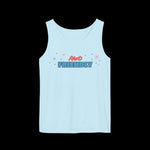 Loose fitting light blue tank top with the words "not friendly" along with decorative sparkles