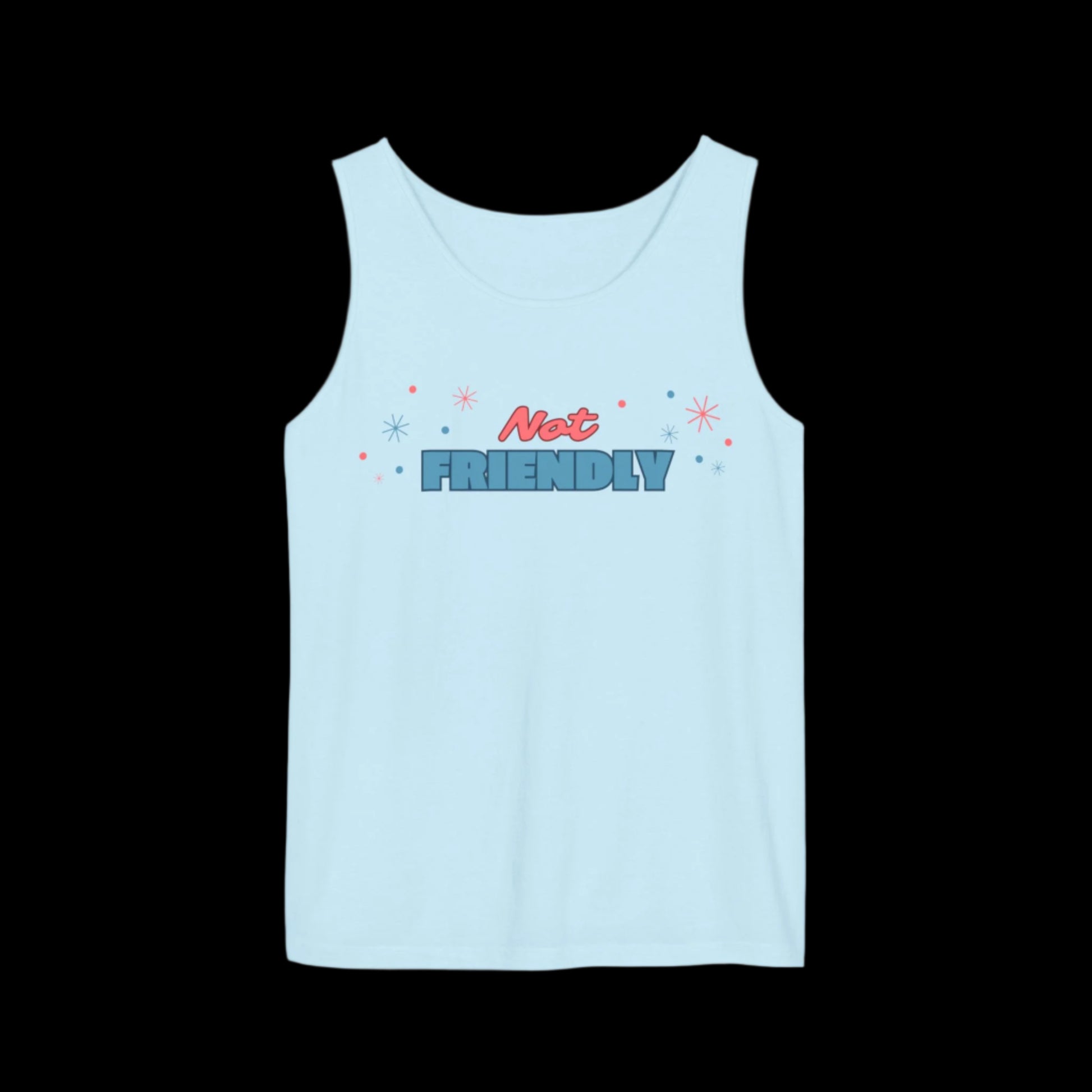 Loose fitting light blue tank top with the words "not friendly" along with decorative sparkles