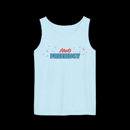 Loose fitting light blue tank top with the words "not friendly" along with decorative sparkles