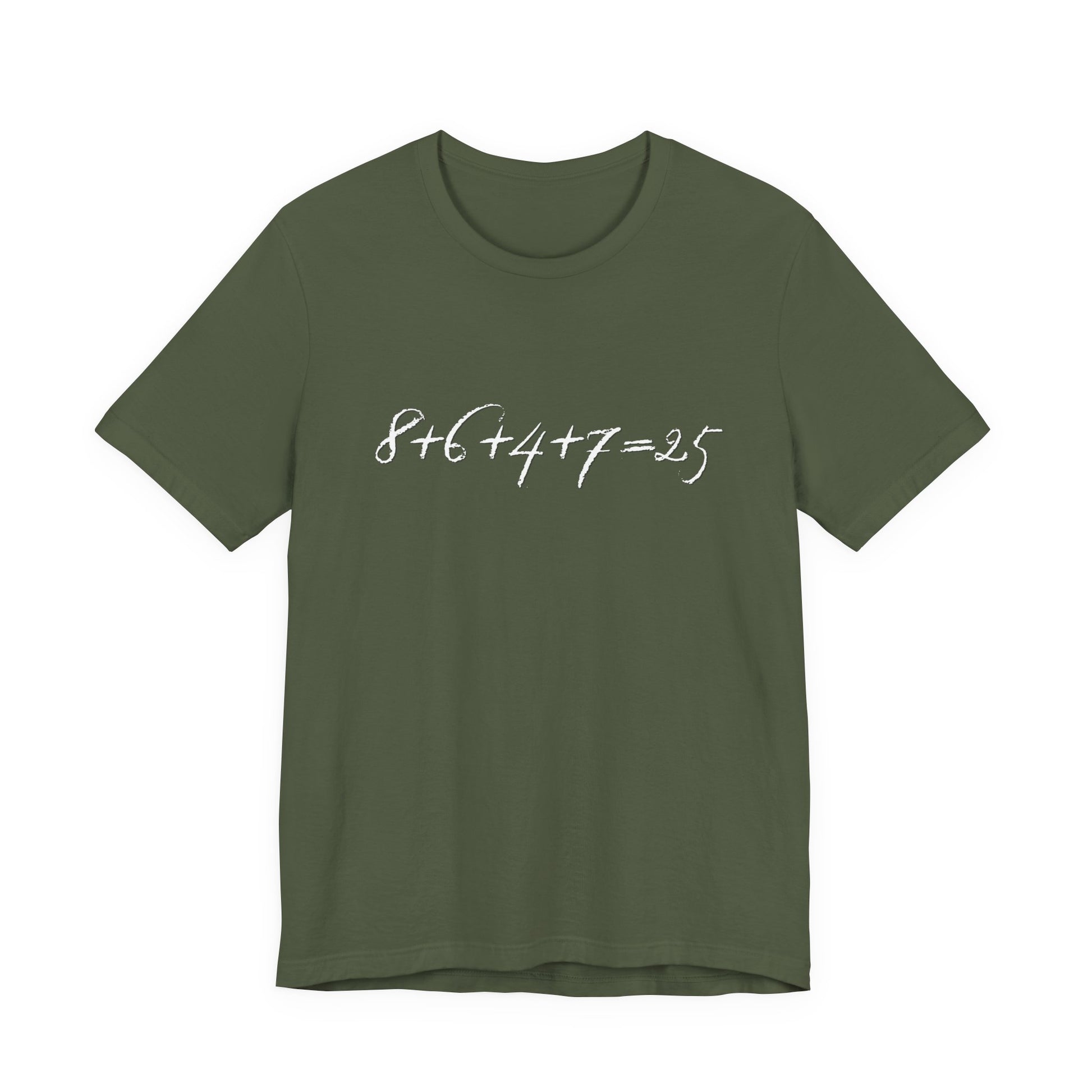 Military green t-shirt with the mathematical equation "8+6+4+7=25" written in chalk like text by empowHER by Heidi