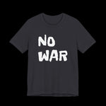 Black t-shirt with 'NO WAR' text 