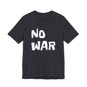 Black t-shirt with 'NO WAR' text 