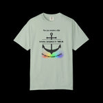 Light green t-shirt with a graphic design of a naval anchor with the text "You can rename a ship {USNS Harvey Milk} but you can't erase a legacy"