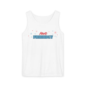 Loose fitting white tank top with the words "not friendly" along with decorative sparkles