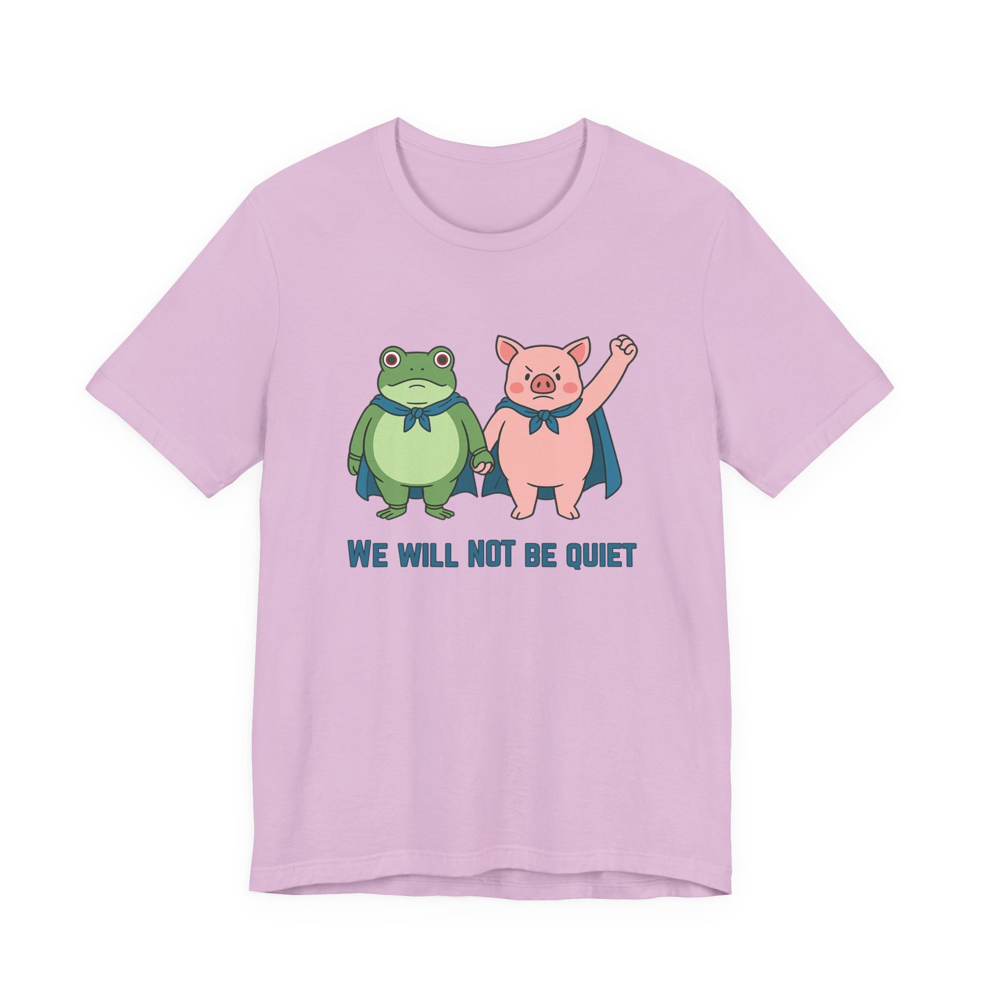 Lilac t-shirt with cartoon frog and pig characters holding hands and text 'WE WILL NOT BE QUIET' on a white background by empowHER by Heidi | protest wear