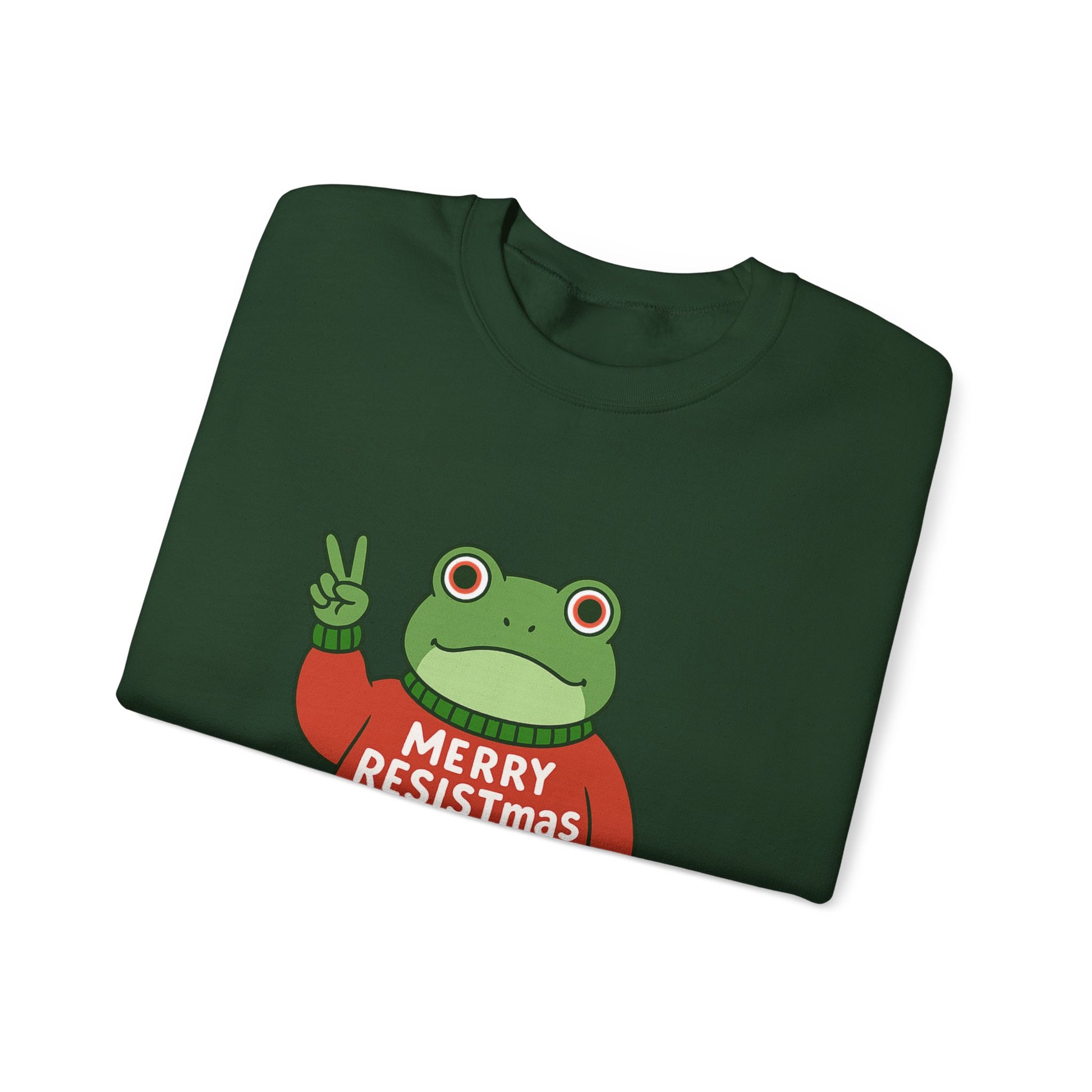 Folded green sweatshirt with the Portland protest frog wearing a sweater displaying 'Merry Resistmas' by empowHERbyHeidi