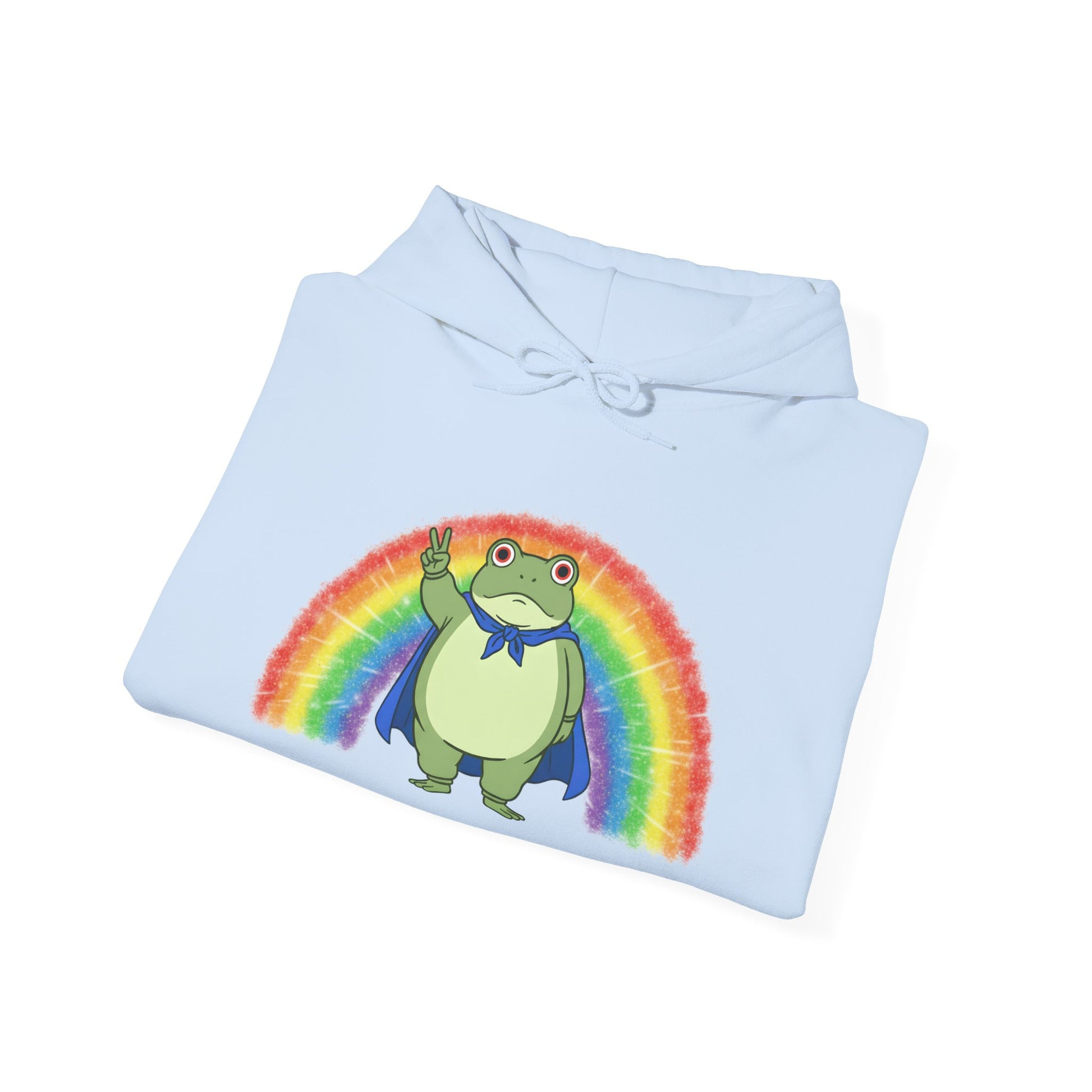Folded light blue hoodie with the Portland protest frog and Pride rainbow design by empowHER by Heidi