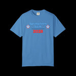 Blue t-shirt with 'Springsteen Swift 2028' text on a black background