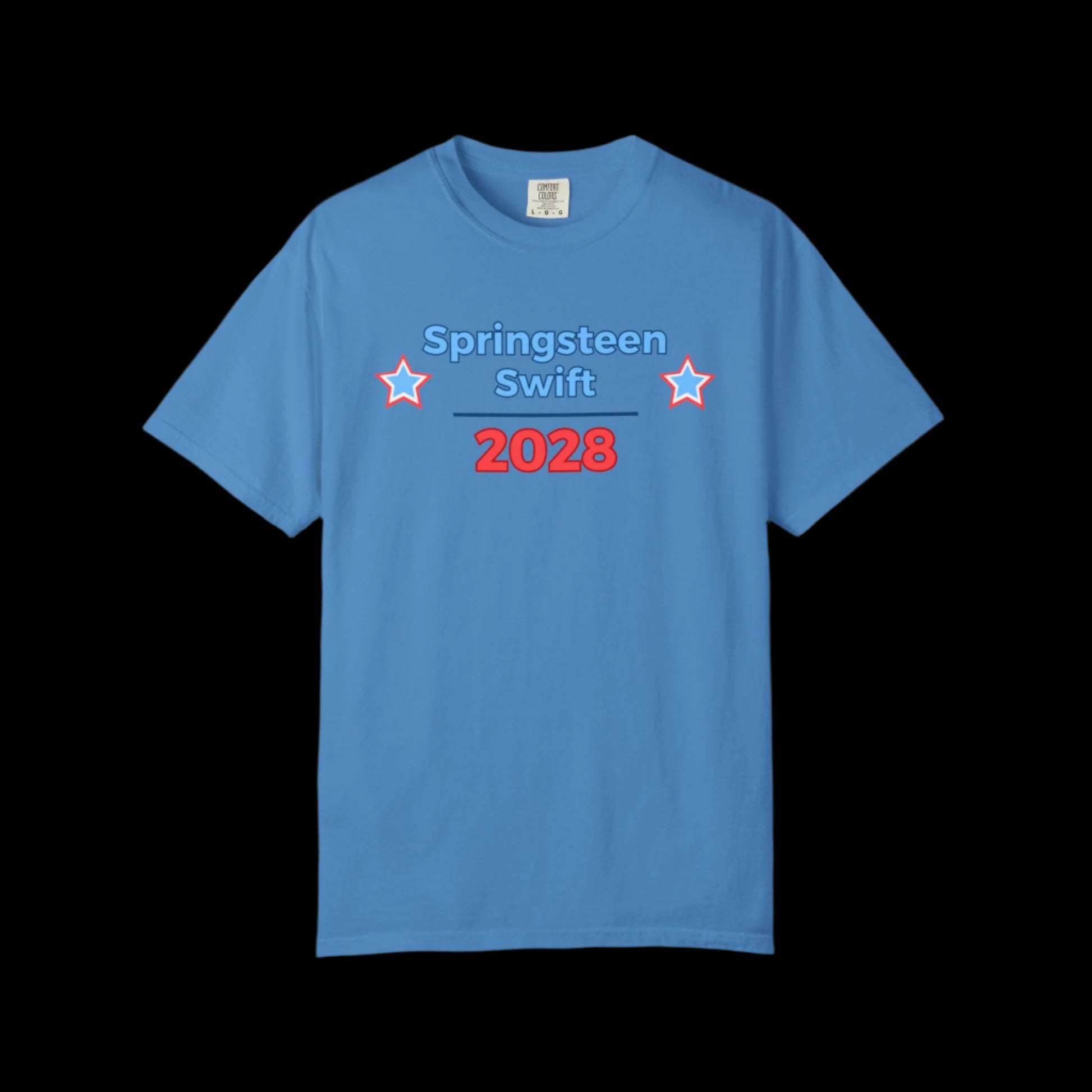 Blue t-shirt with 'Springsteen Swift 2028' text on a black background