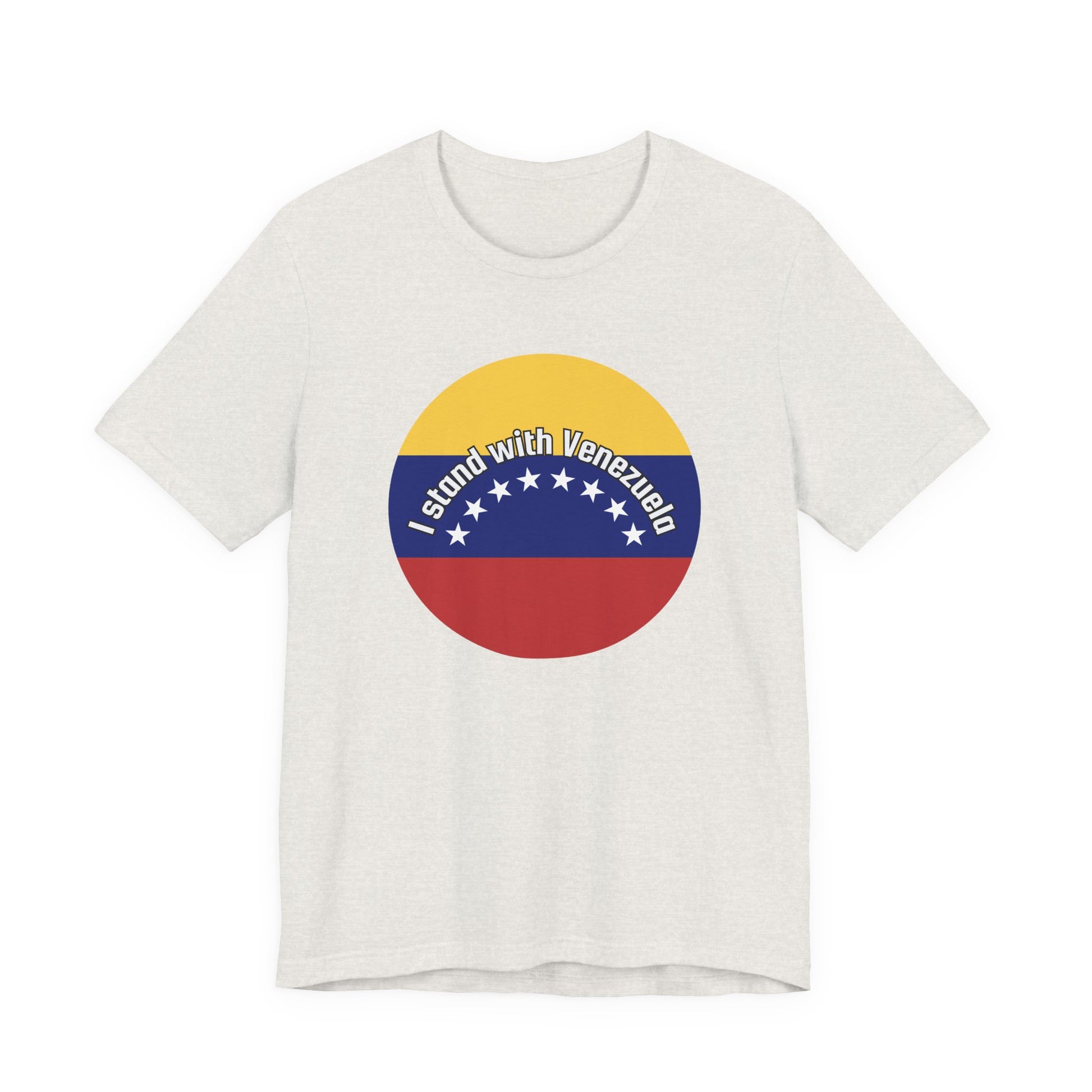 White t-shirt with a circular design featuring the Venezuelan flag and 'I stand with Venezuela' text by empowHER by Heidi
