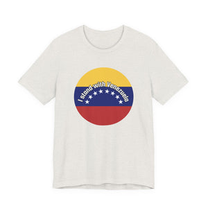 White t-shirt with a circular design featuring the Venezuelan flag and 'I stand with Venezuela' text by empowHER by Heidi
