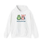 White hoodie with cartoon frog and pig characters holding hands and text 'WE WILL NOT BE QUIET' on a white background by empowHER by Heidi | protest wear