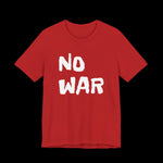 Red t-shirt with 'NO WAR' text