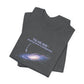 Folded gray t-shirt with graphic of the Milky Way galaxy with an arrow pointing to it and text that says "YOU ARE HERE - Paying taxes to pedophiles" by empowHER by Heidi