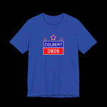 Blue t-shirt with 'Colbert 2028' graphic on a black background
