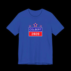 Blue t-shirt with 'Colbert 2028' graphic on a black background