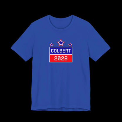 Blue t-shirt with 'Colbert 2028' graphic on a black background