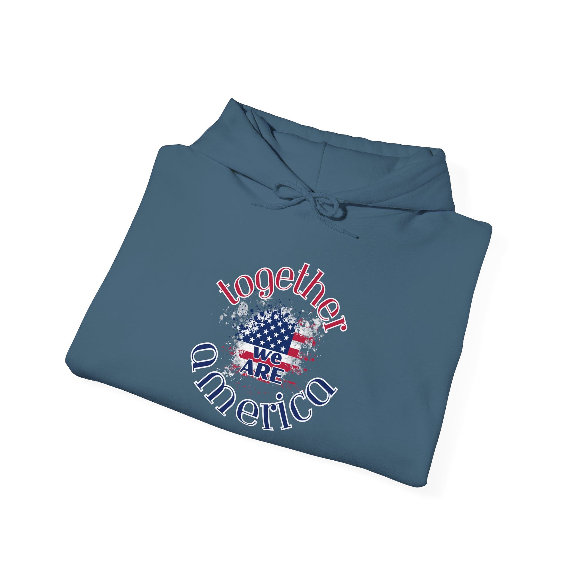 Folded blue hoodie with 'Together We Are America' text and flag design by empowHER by Heidi