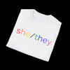 Gender Inclusive Pronouns She/They (rainbow text) T-Shirt - Vintage White