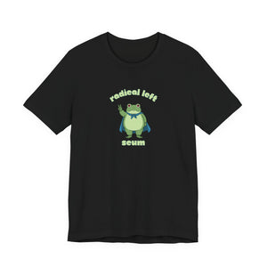 Black t-shirt with a graphic of the Portland protest frog and text "radical left scum" by empowHER by Heidi