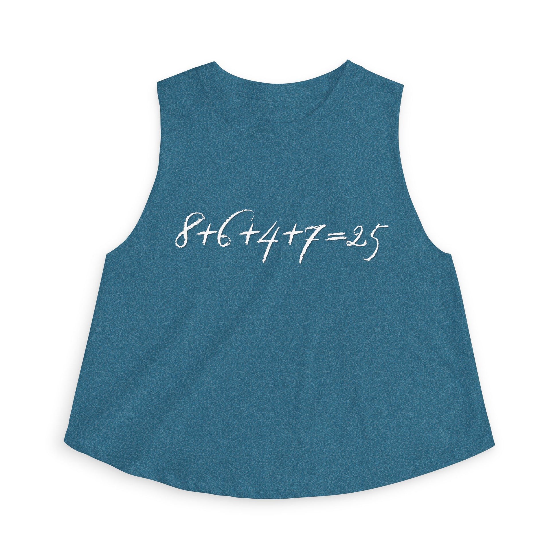 Blue tank top with the mathematical equation "8+6+4+7=25" text by empowHER by Heidi