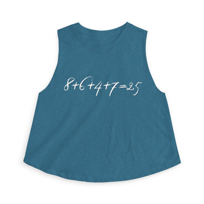 Blue tank top with the mathematical equation "8+6+4+7=25" text by empowHER by Heidi