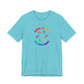 Turquoise t-shirt with colorful graphic design and text "Radical left scum for human rights" by empowHER by Heidi
