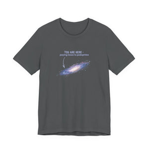 Gray  t-shirt with graphic of the Milky Way galaxy with an arrow pointing to it and text that says "YOU ARE HERE - Paying taxes to pedophiles" by empowHER by Heidi