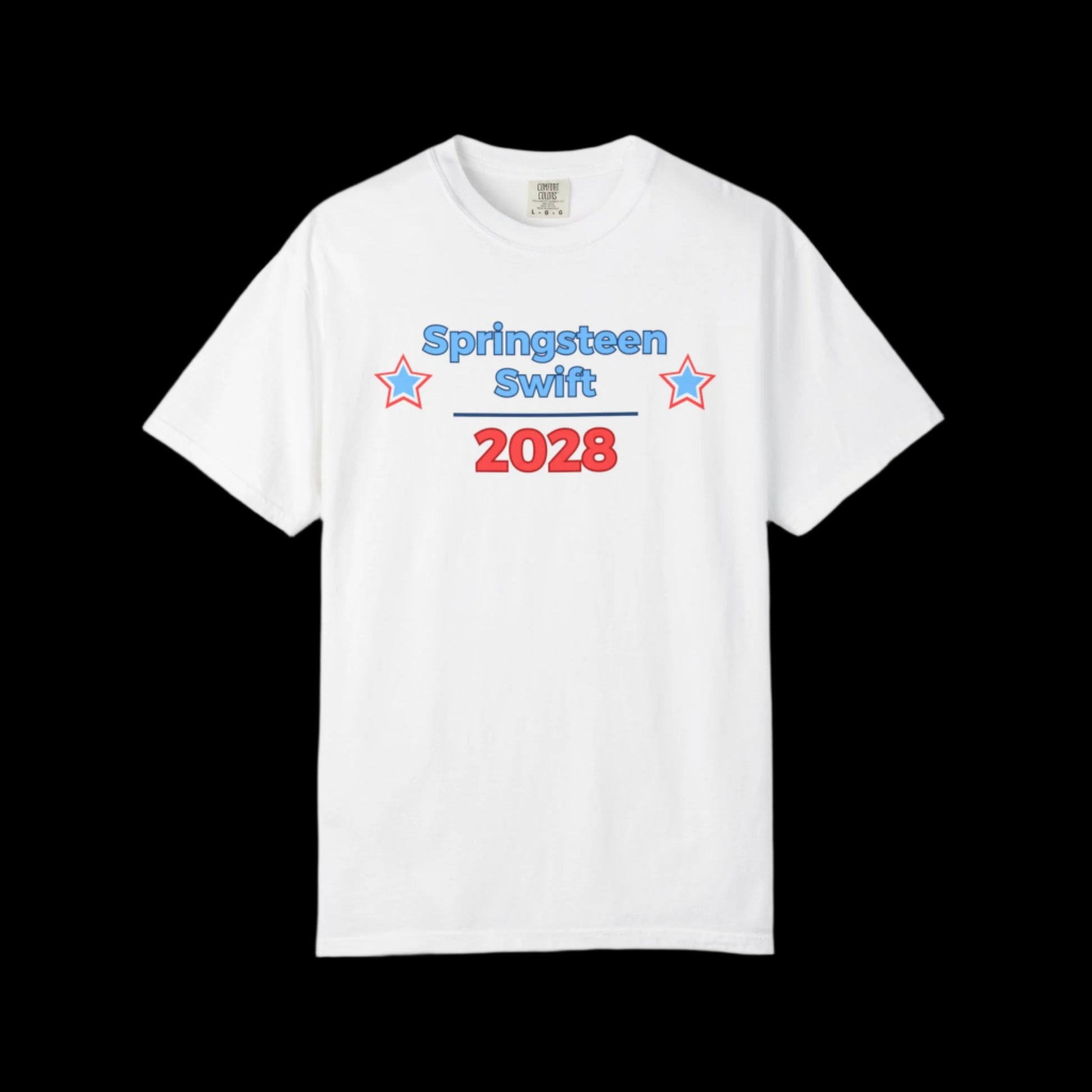 White t-shirt with 'Springsteen Swift 2028' text on a black background