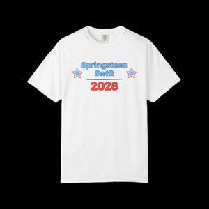 White t-shirt with 'Springsteen Swift 2028' text on a black background