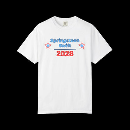 White t-shirt with 'Springsteen Swift 2028' text on a black background