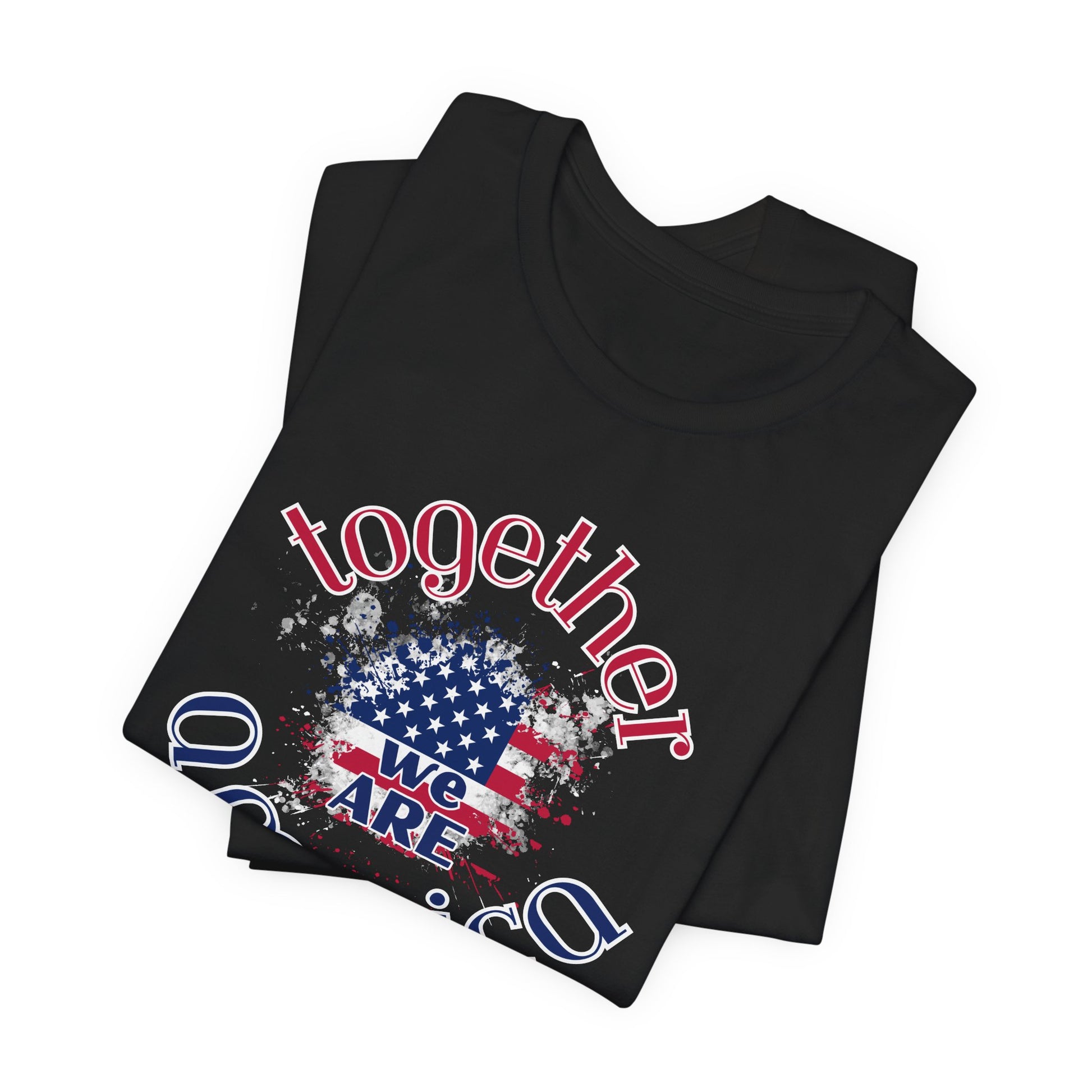 Folded black t-shirt with 'Together We Are America' graphic design on a white background