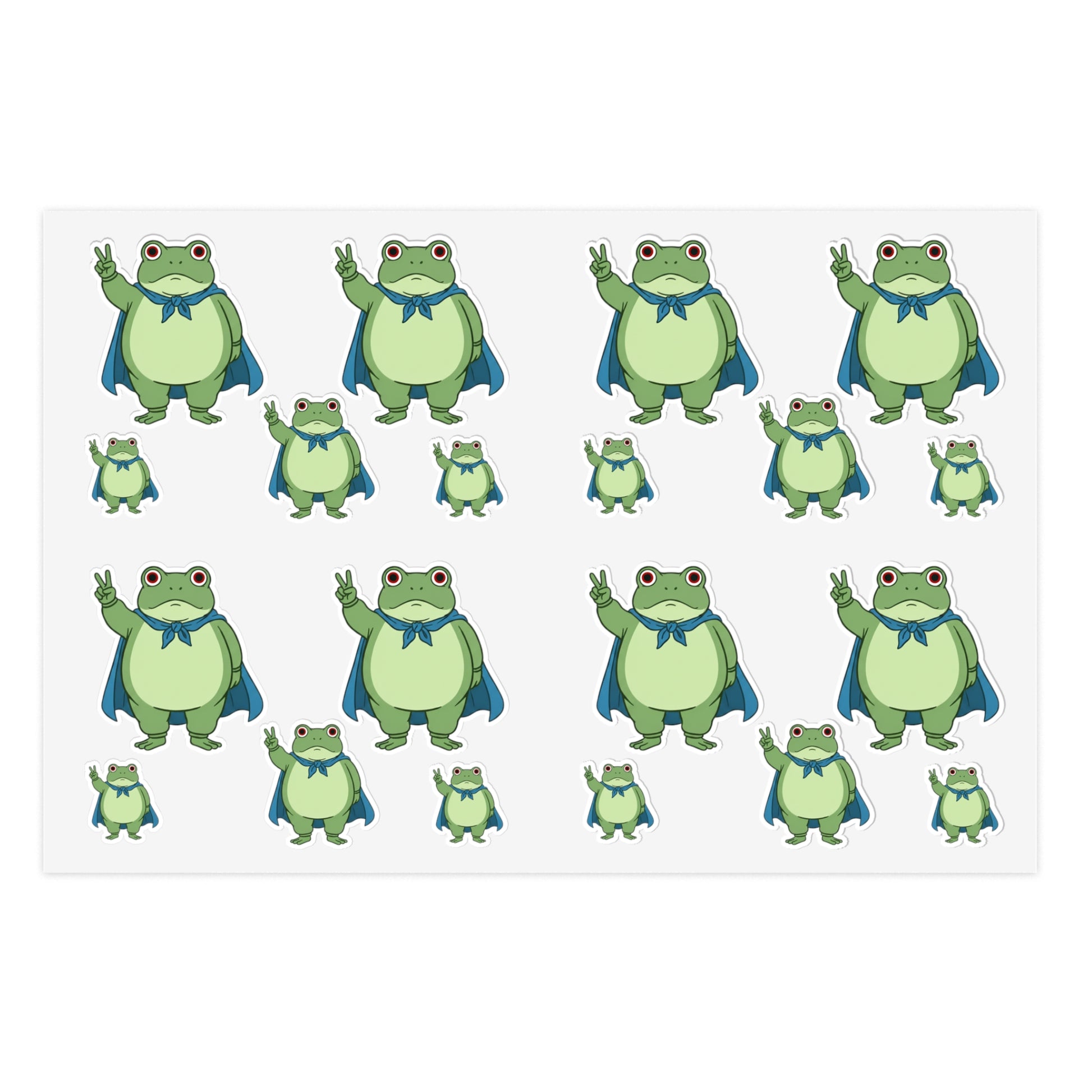 Sticker sheet with 20 various sized cartoon versions of the Portland protest frog giving the peace sign with his hand
