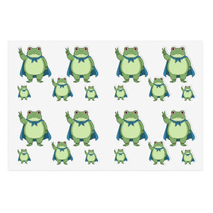 Sticker sheet with 20 various sized cartoon versions of the Portland protest frog giving the peace sign with his hand