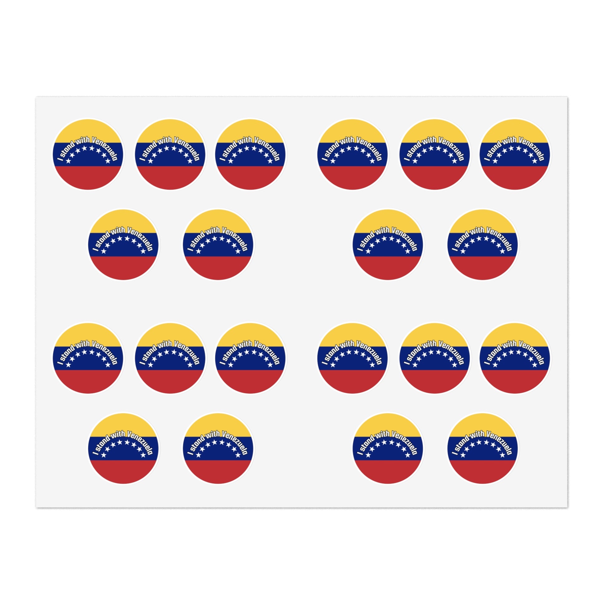 Sticker sheet with multiple round stickers featuring the flag of Venezuela  and text "I Stand with Venezuela" by empowHER by Heidi