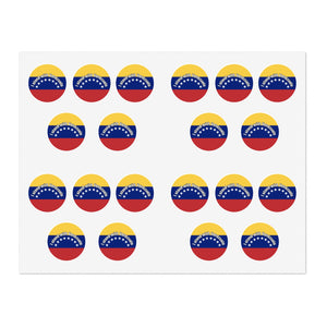 Sticker sheet with multiple round stickers featuring the flag of Venezuela  and text "I Stand with Venezuela" by empowHER by Heidi
