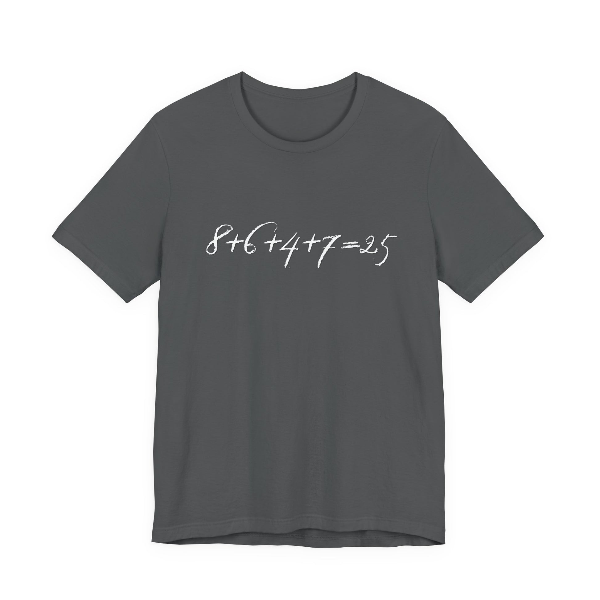 Gray t-shirt with the mathematical equation "8+6+4+7=25" written in chalk like text by empowHER by Heidi