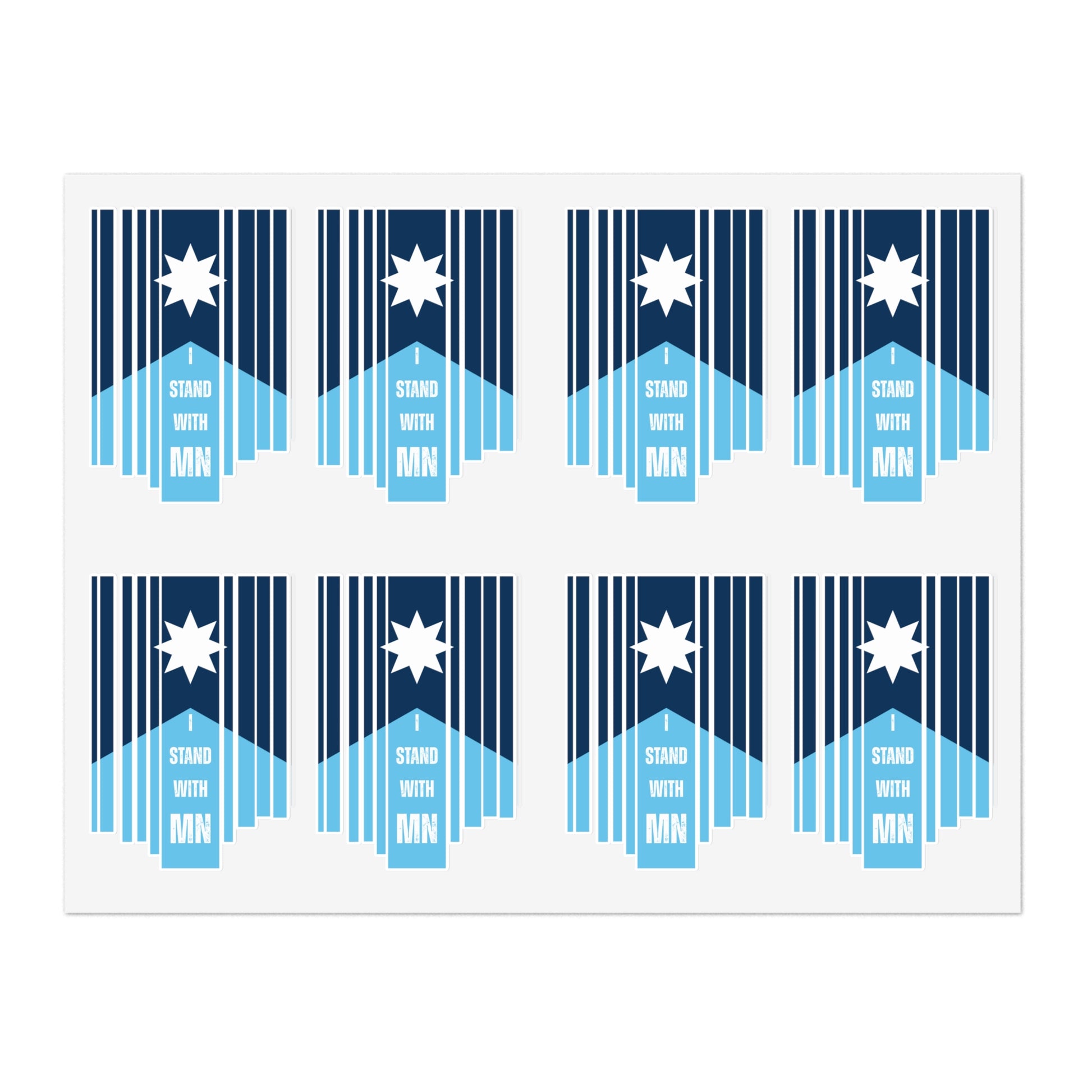 Sheet of blue and white stickers with a Minnesota flag and text "I Stand with MN" by empowHER by Heidi