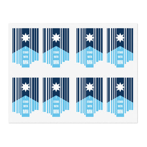 Sheet of blue and white stickers with a Minnesota flag and text "I Stand with MN" by empowHER by Heidi
