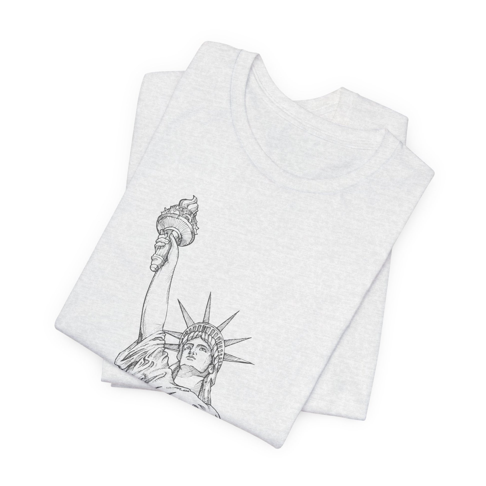 Folded ash gray  t-shirt with Statue of Liberty design by empowHER by Heidi
