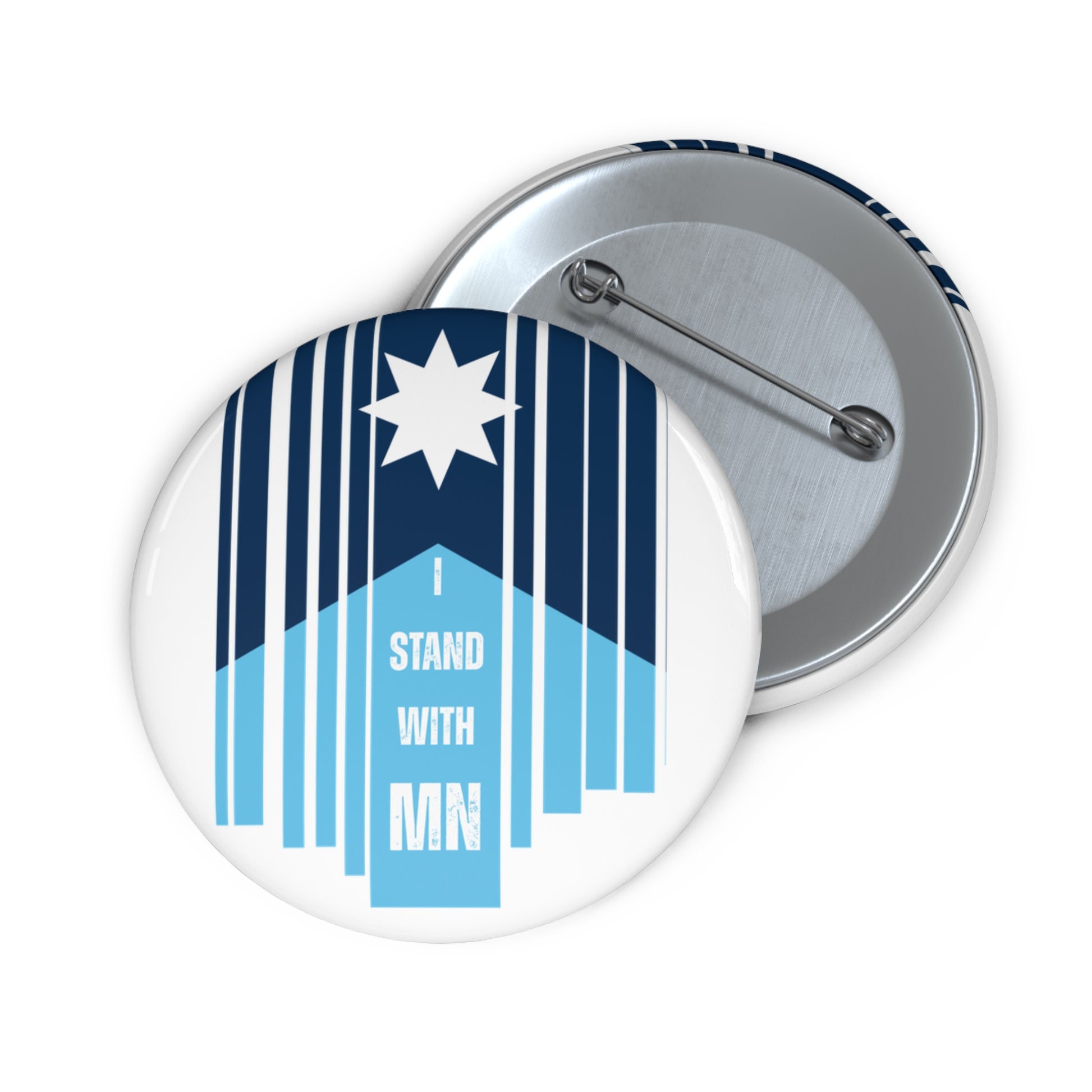Button badge with blue and white Minnesota flag design and text 'I Stand With MN' by empowHER by Heidi