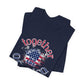 Folded navy t-shirt with 'Together We Are America' graphic design on a white background