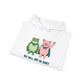 Folded white hoodie with cartoon frog and pig characters holding hands and text 'WE WILL NOT BE QUIET' on a white background by empowHER by Heidi | protest wear