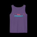 Loose fitting purple tank top with the words "not friendly" along with decorative sparkles