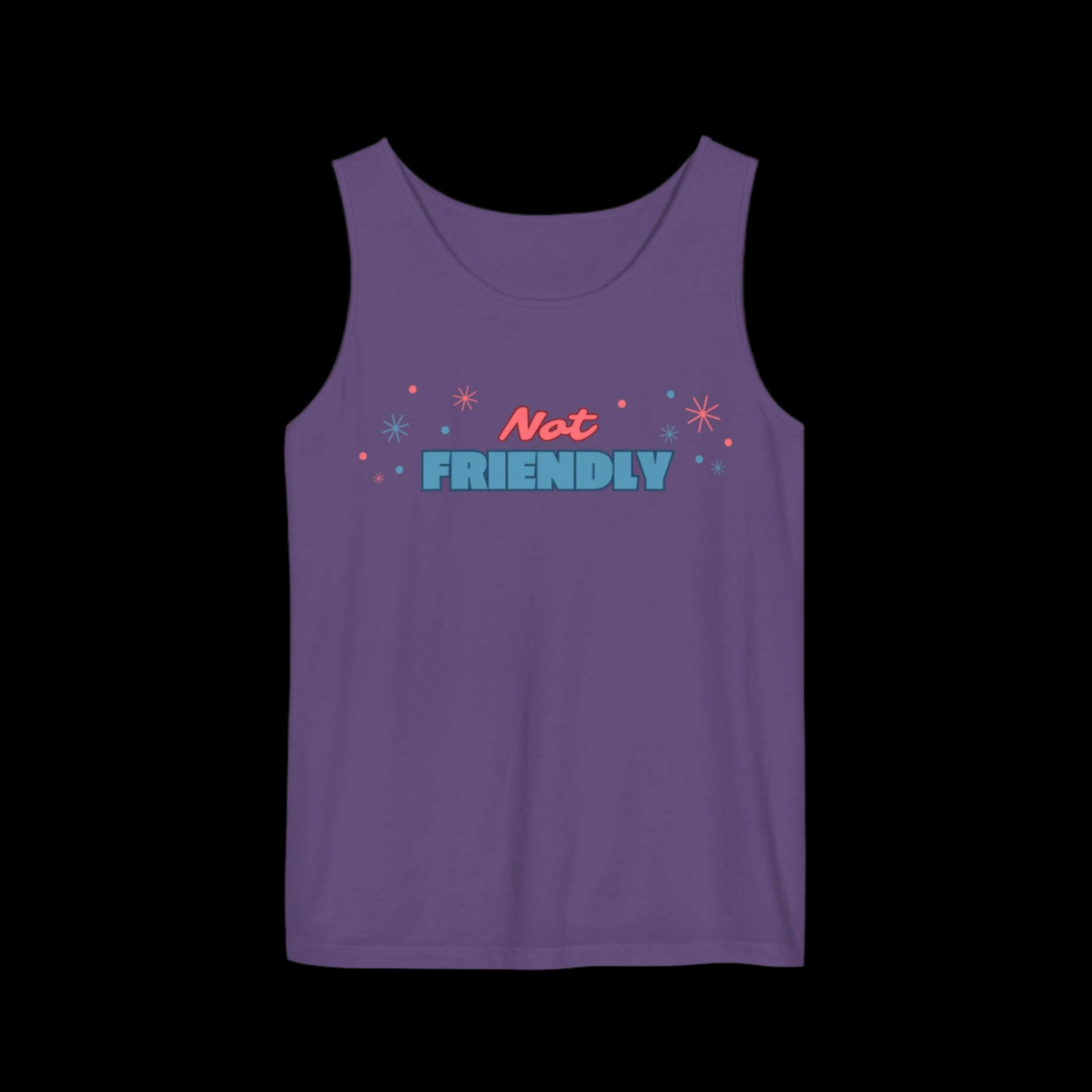 Loose fitting purple tank top with the words "not friendly" along with decorative sparkles