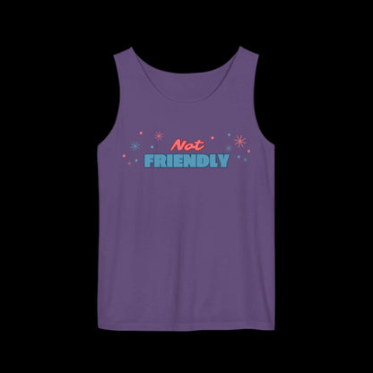 Loose fitting purple tank top with the words "not friendly" along with decorative sparkles